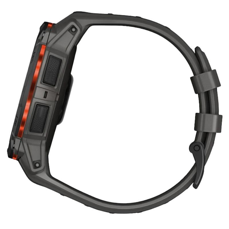 Reloj Garmin Instinct 3 50mm Solar negro, bisel con acento naranja, caja robusta, dos botones laterales, correa de silicona carbón con doble hebilla