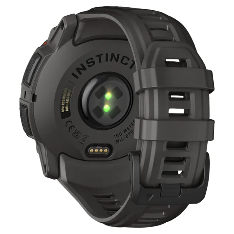 Parte trasera de Garmin Instinct 3 50mm Solar Negro: sensor óptico verde, carga con pines, correa de silicona carbón robusta con cierre ajustable NFC