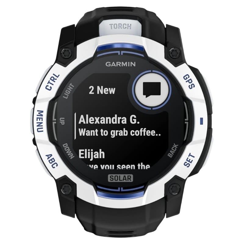 Garmin Instinct 3 50 mm Solar blanco con correa de silicona negra, pantalla circular con gráfico de luz, botones laterales y bisel robusto 10 ATM