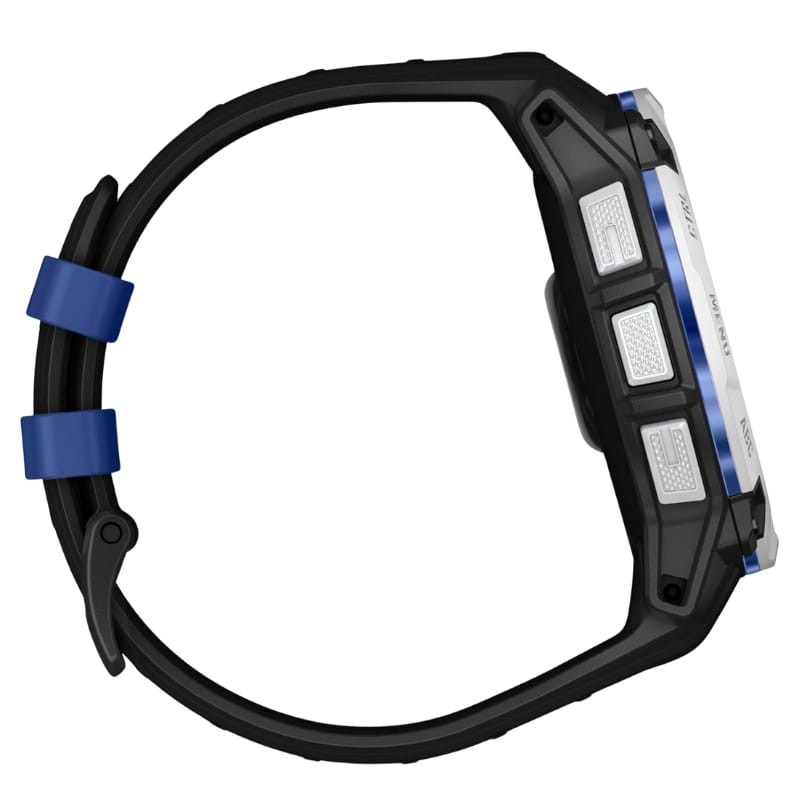 Garmin Instinct 3 50 mm Solar blanco con caja robusta, botones laterales plateados, bisel azul, correa de silicona negra con doble pasador, 10 ATM