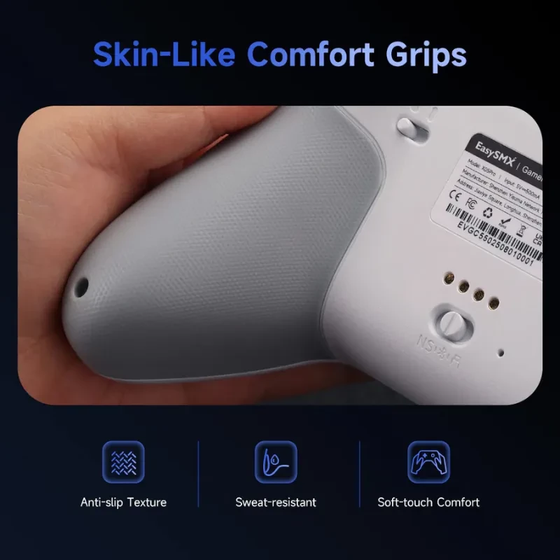 Empuñaduras tipo piel antideslizantes y suaves, resistentes al sudor. Textura ergonómica para mejor agarre en el EasySMX X05 Pro PC Gamepad Negro