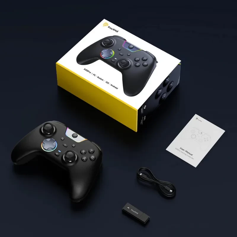 EasySMX X05 Pro PC Gamepad Blanco con sticks y botones iluminados, acabado mate, incluye dongle 2.4 GHz, cable USB-C y manual en caja amarilla y blanca