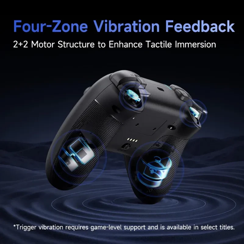 Gamepad púrpura con agarres texturizados, cuatro zonas de vibración 2+2, gatillos analógicos, puerto USB-C y diseño ergonómico para inmersión táctil