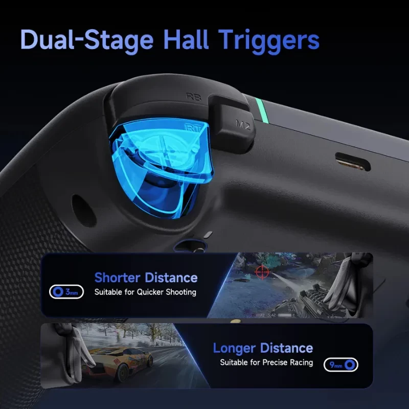 EasySMX X05 Pro PC Gamepad púrpura con gatillos Hall de doble etapa, luces LED y agarre texturizado; recorrido corto para disparos y largo para conducción