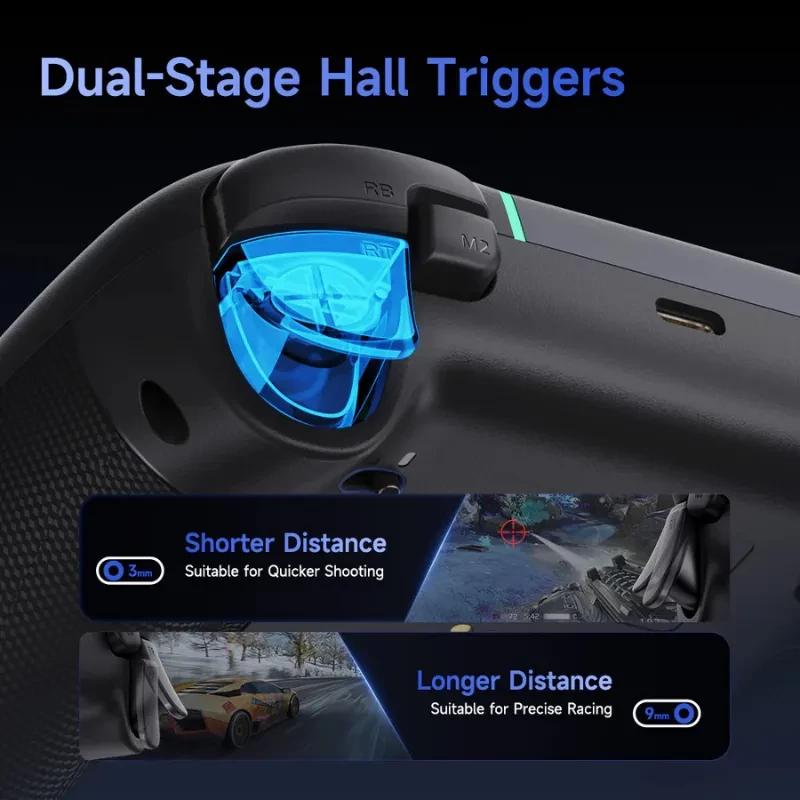 EasySMX X05 Pro PC Gamepad púrpura con gatillos Hall de doble etapa, luces LED y agarre texturizado; recorrido corto para disparos y largo para conducción