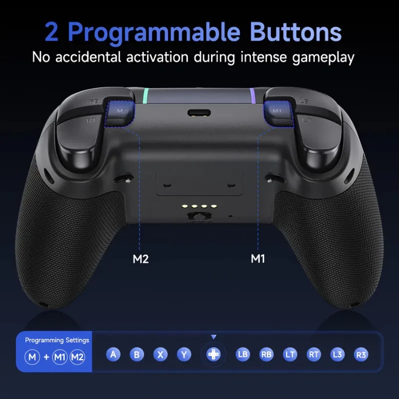 EasySMX X05 Pro PC Gamepad Púrpura con 2 botones programables M1 y M2, agarres texturizados, indicadores LED y diseño ergonómico para control preciso