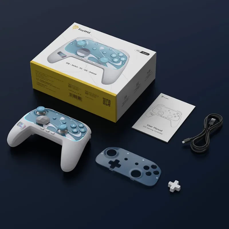 EasySMX S10 Switch Gamepad Blanco con carcasa frontal azul translúcida, botones ABXY, cruceta intercambiable blanca, cable USB y manual incluidos