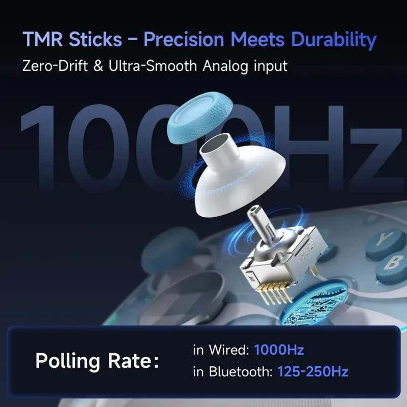 EasySMX S10 Switch Gamepad Blanco con sticks TMR, entrada analógica ultrasuave, sin deriva y tasa de sondeo 1000 Hz por cable y 125–250 Hz por Bluetooth