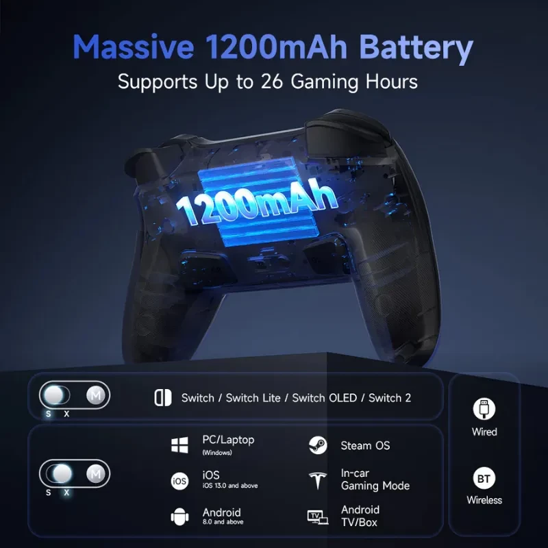 EasySMX S10 Switch Gamepad Noir avec batterie 1200 mAh, autonomie jusqu’à 26 h, vibration HD, Bluetooth, compatible Switch 2, PC, iOS, Android, TV Box