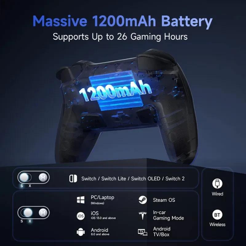 EasySMX S10 Switch Gamepad Noir avec batterie 1200 mAh, autonomie jusqu’à 26 h, vibration HD, Bluetooth, compatible Switch 2, PC, iOS, Android, TV Box