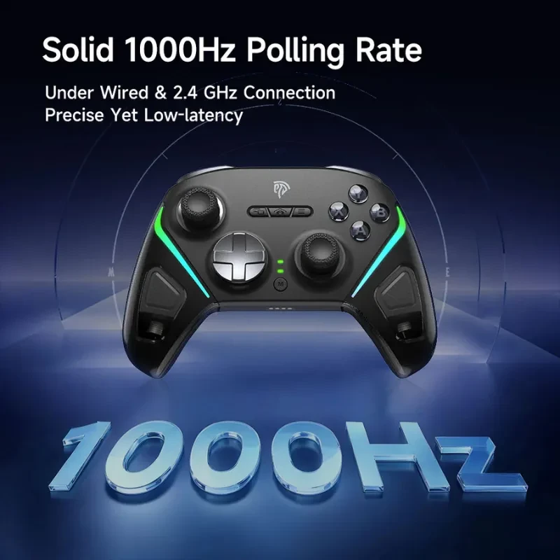 EasySMX D10 PC Púrpura: mando negro con luces LED verdes, cruceta metálica, joysticks simétricos, botones ABXY y tasa de sondeo sólida de 1000 Hz