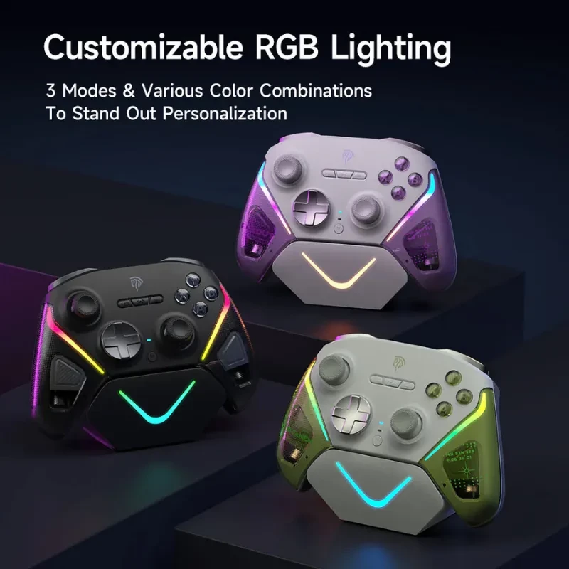 EasySMX D10 PC Púrpura con iluminación RGB personalizable, 3 modos, botones mapeables y base de carga inteligente; diseño ergonómico y acentos LED
