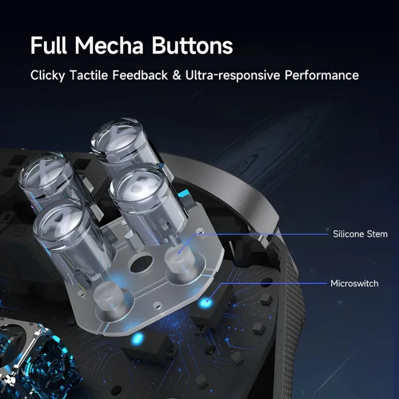 Módulo de botones mecánicos transparentes con vástago de silicona y microswitch, retroiluminación azul y placa de circuito, diseñado para precisión