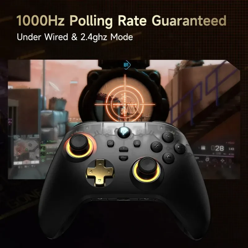 EasySMX D05 PC Noir avec socle de recharge, joysticks à effet Hall lumineux, gâchettes, croix directionnelle dorée, modes filaire et 2,4 GHz 1000 Hz