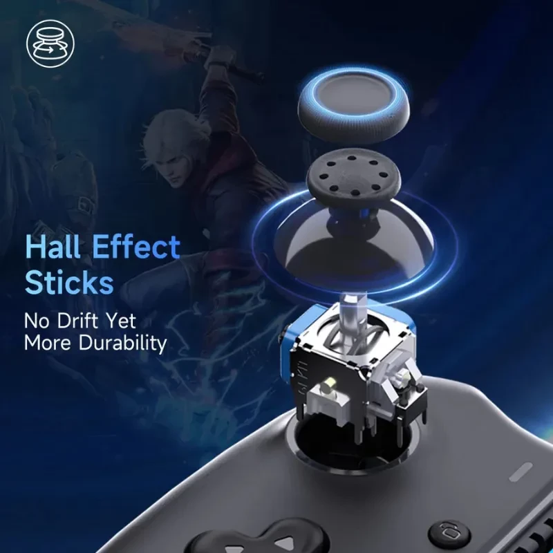 EasySMX M15 Manette mobile Bluetooth avec sticks à effet Hall sans drift, module joystick démonté en vue éclatée, surface texturée et éclairage bleu