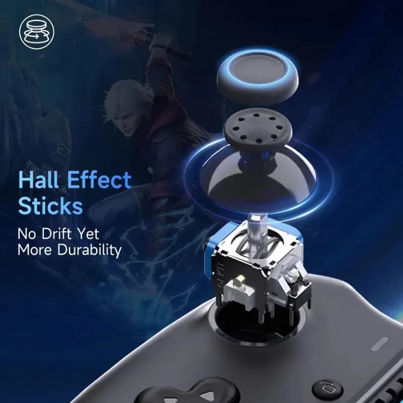 EasySMX M15 Manette mobile Bluetooth avec sticks à effet Hall sans drift, module joystick démonté en vue éclatée, surface texturée et éclairage bleu