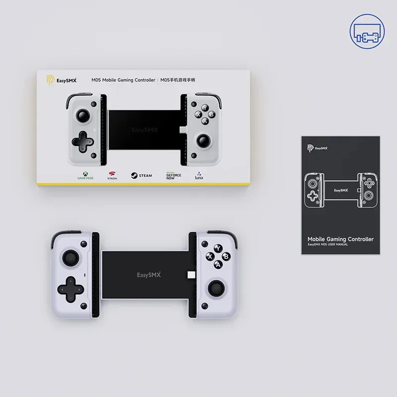 Controlador móvil EasySMX M05 USB-C: diseño extensible en color blanco y negro, botones ABXY, sticks duales, cruceta, gatillos y soporte para smartphone