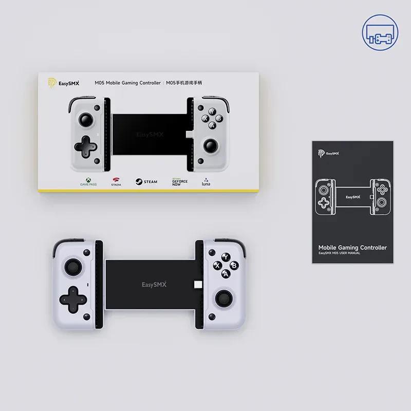 Controlador móvil EasySMX M05 USB-C: diseño extensible en color blanco y negro, botones ABXY, sticks duales, cruceta, gatillos y soporte para smartphone