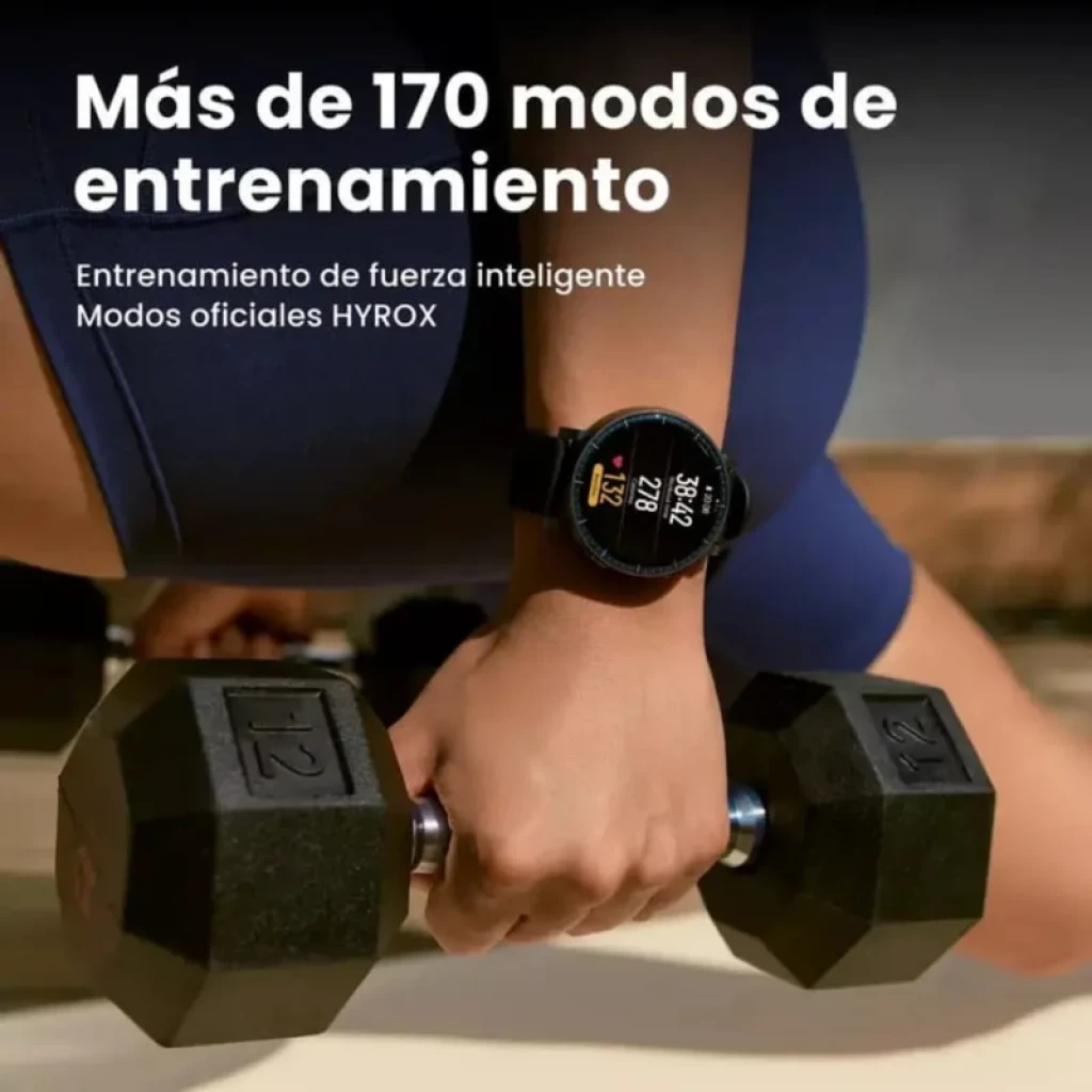 Reloj inteligente Amazfit Active Max negro con pantalla AMOLED 1.5 pulgadas, correa deportiva y diseño resistente; ideal para entrenamiento y fuerza