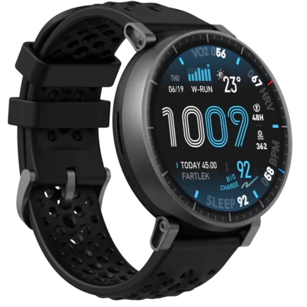 Amazfit Active Max negro con caja circular, correa perforada de silicona y pantalla AMOLED 1,5 pulgadas; esfera digital con estadísticas y autonomía larga