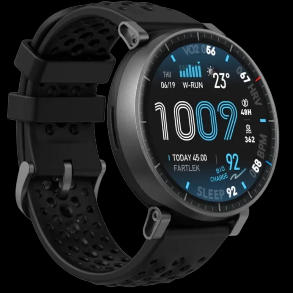 Amazfit Active Max negro con caja circular, correa perforada de silicona y pantalla AMOLED 1,5 pulgadas; esfera digital con estadísticas y autonomía larga