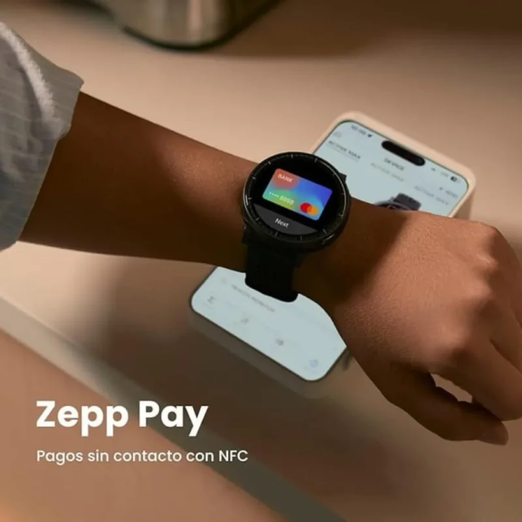 Amazfit Active Max negro con pantalla AMOLED 1,5 pulgadas, correa deportiva y bisel robusto; muestra Zepp Pay para pagos sin contacto con NFC