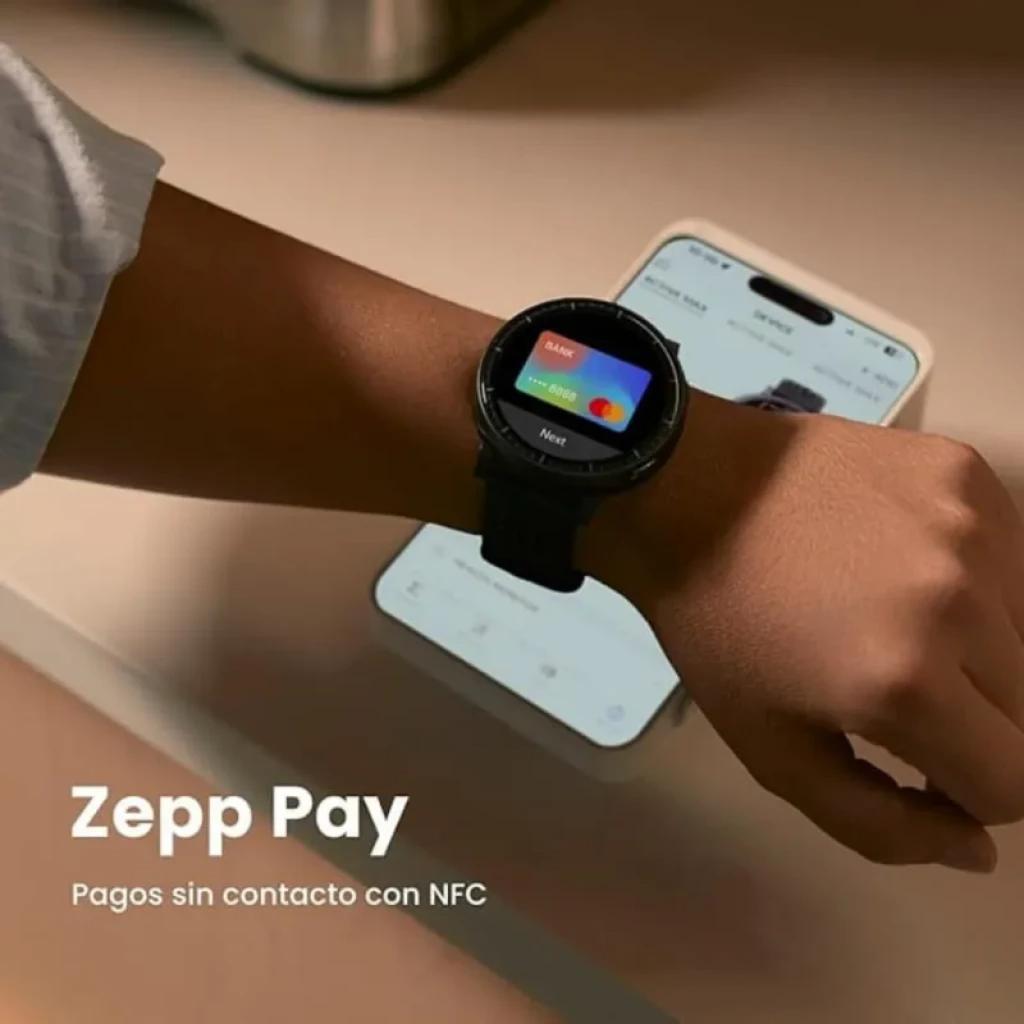 Amazfit Active Max negro con pantalla AMOLED 1,5 pulgadas, correa deportiva y bisel robusto; muestra Zepp Pay para pagos sin contacto con NFC