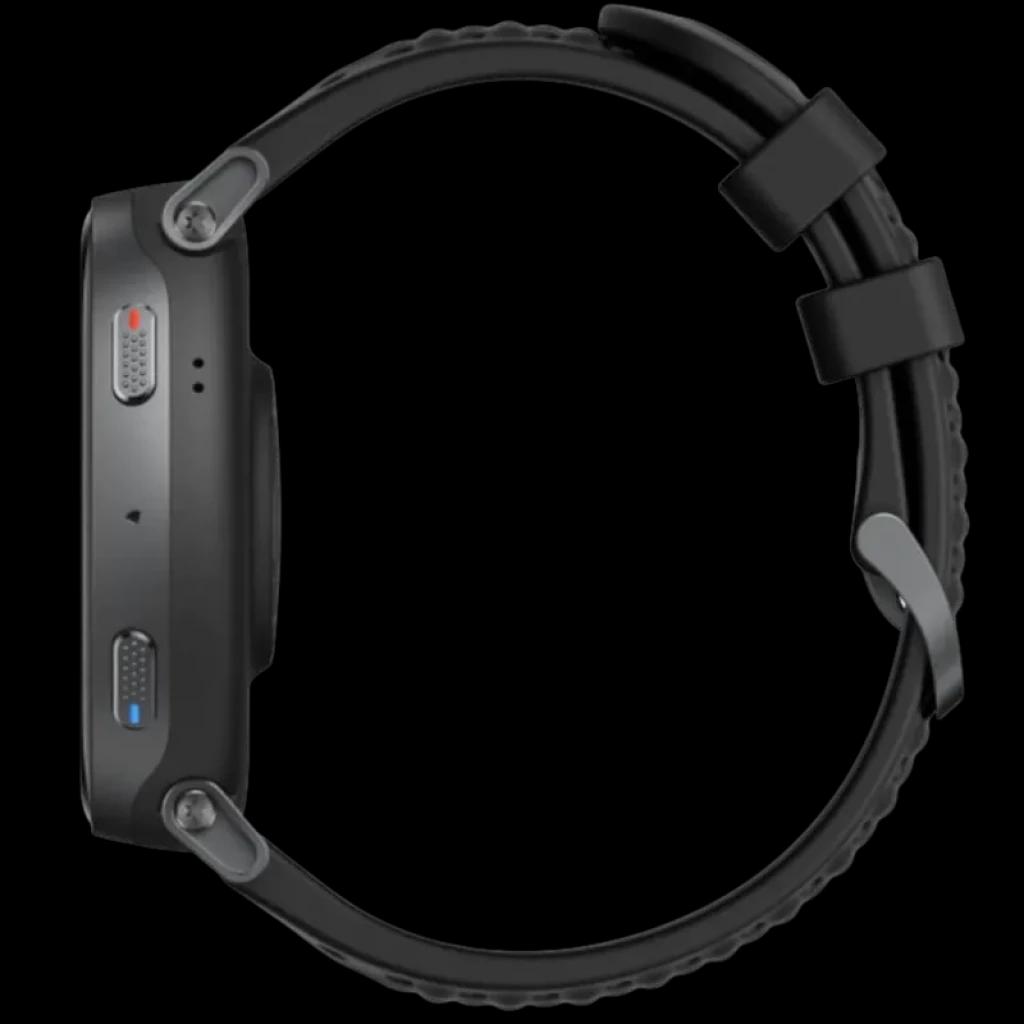 Amazfit Active Max Negro con caja metálica mate, dos botones laterales texturizados y correa de silicona negra con hebilla; perfil delgado y moderno