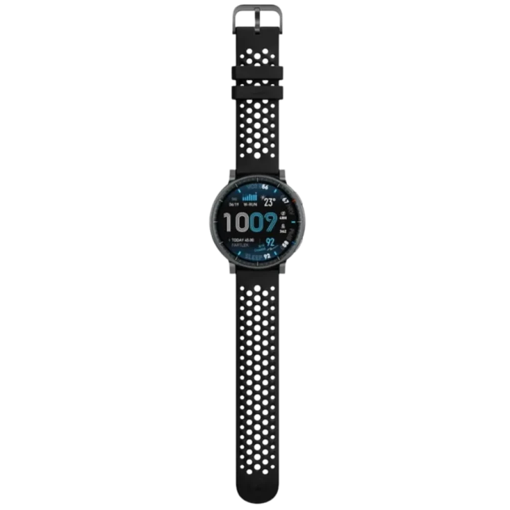 Amazfit Active Max negro con correa perforada negra y hebilla metálica, caja redonda, pantalla AMOLED 1,5 pulgadas con esfera digital azul y negra