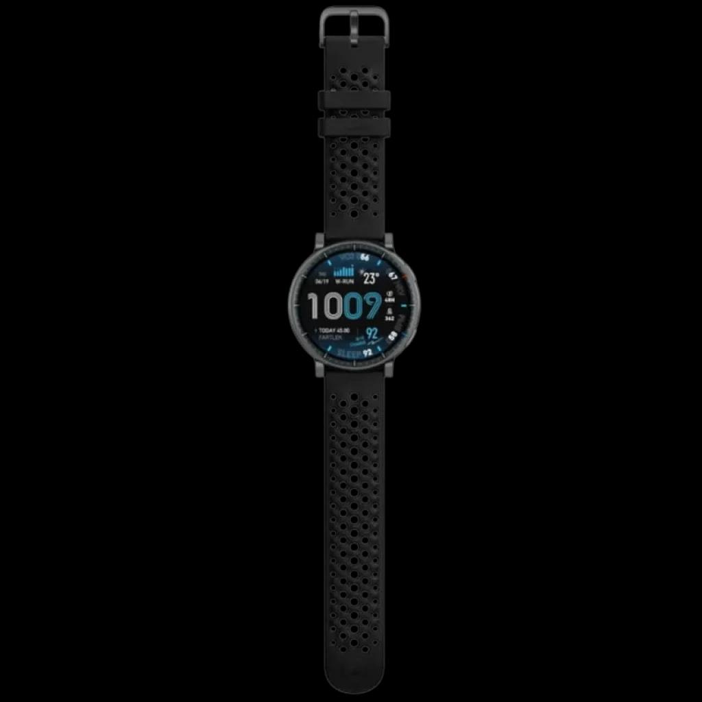 Amazfit Active Max negro con correa perforada negra y hebilla metálica, caja redonda, pantalla AMOLED 1,5 pulgadas con esfera digital azul y negra