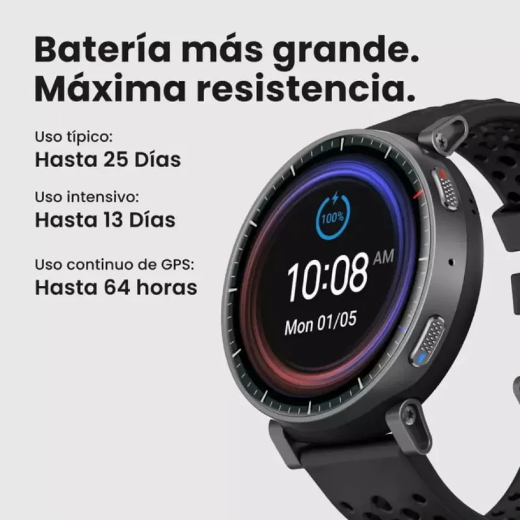 Amazfit Active Max negro con pantalla AMOLED 1.5 pulgadas, bisel redondo, botones laterales metálicos y correa perforada; autonomía hasta 25 días