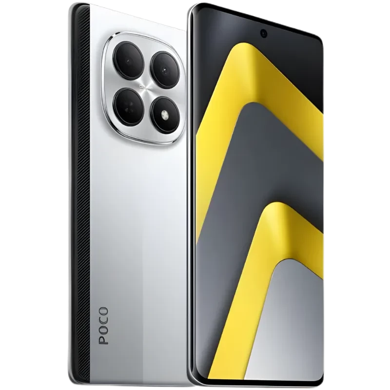 Xiaomi Poco M8 5G plata con triple cámara trasera grande, pantalla curva con agujero central, bordes finos y acabado metálico; 8GB RAM, 256GB almacenamiento