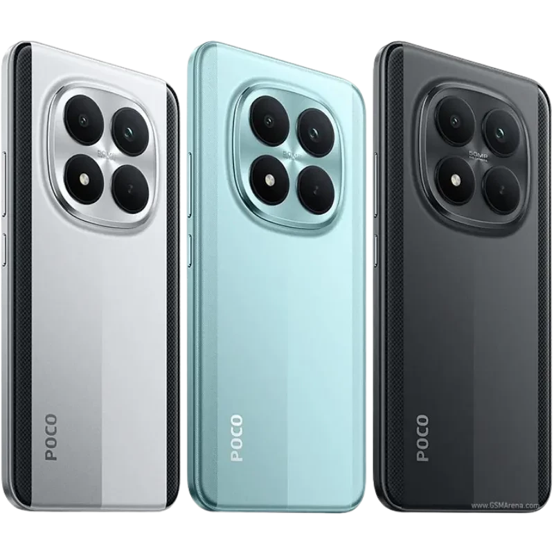 Xiaomi Poco M8 5G 8GB/256GB Plata con triple módulo de cámara circular y acabado metálico, laterales rectos y diseño moderno en tonos plata, azul y negro