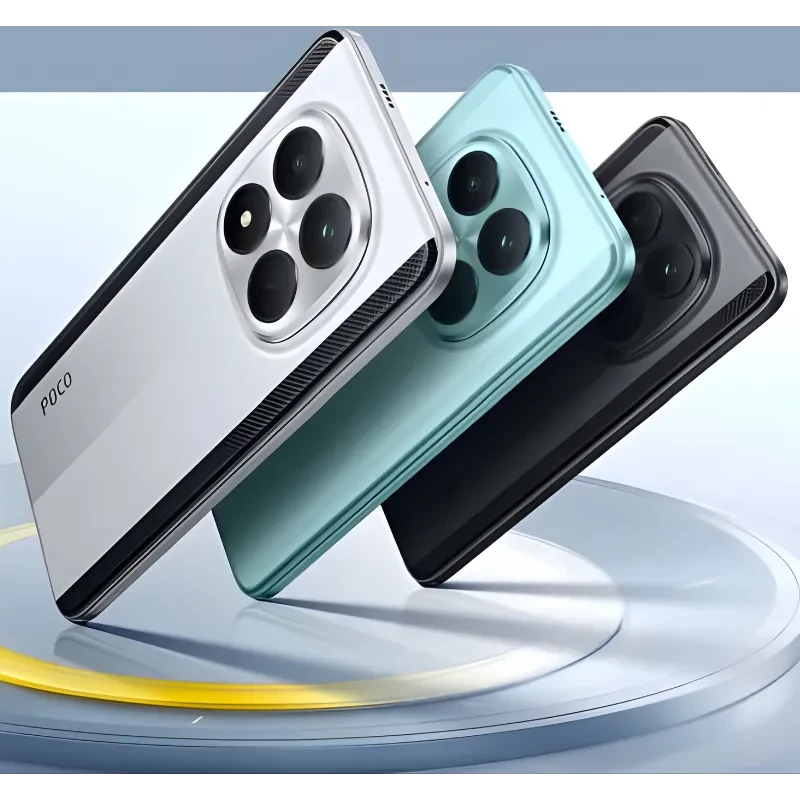 Xiaomi Poco M8 5G verde con módulo triple de cámaras grandes en anillo, acabado mate, bordes rectos y marco metálico; diseño moderno y minimalista