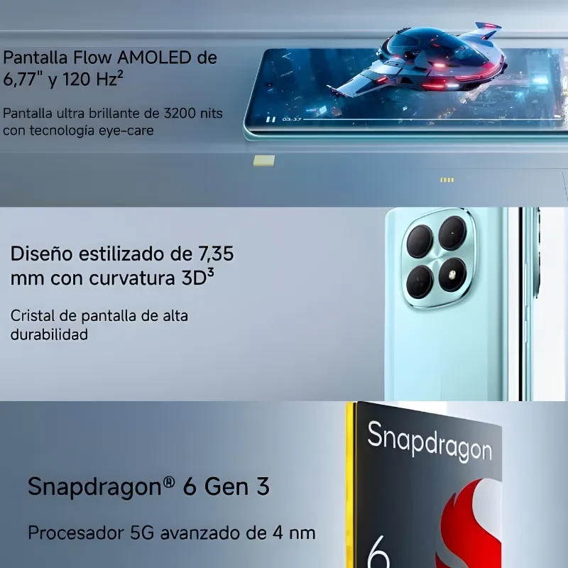 Xiaomi Poco M8 5G negro con pantalla Flow AMOLED 6,77" 120 Hz, brillo 3200 nits, diseño delgado 7,35 mm con curvatura 3D y cristal de alta durabilidad