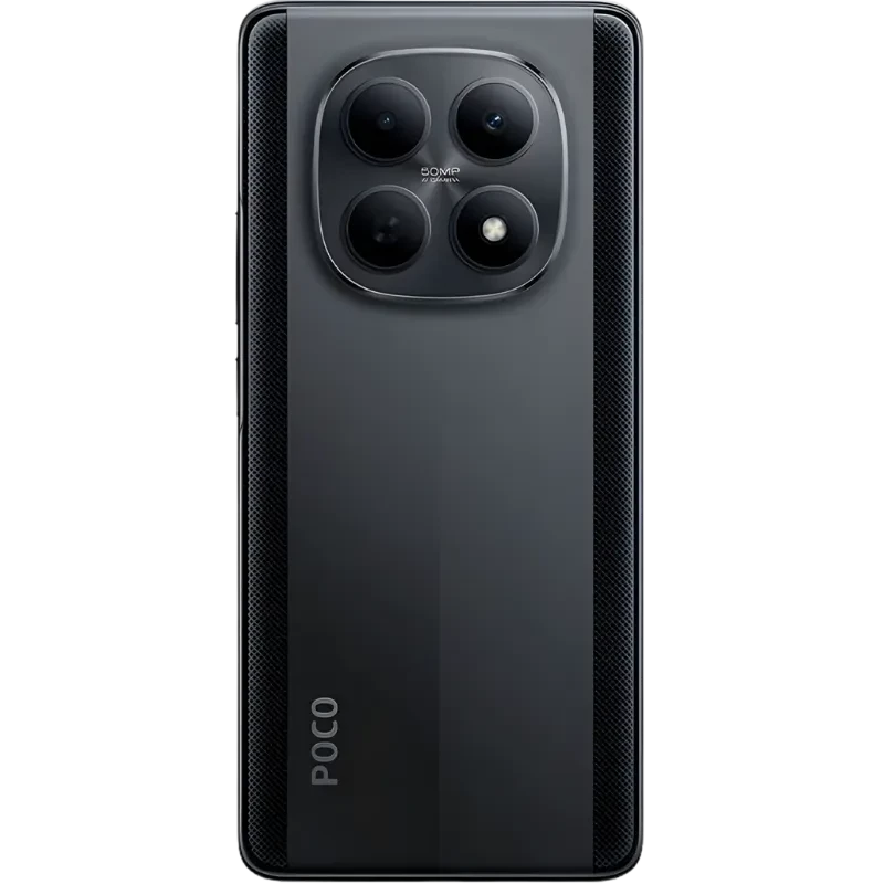 Xiaomi Poco M8 5G negro con módulo de cámara triple grande y flash, acabado mate con franjas laterales texturizadas, logo POCO vertical en la parte trasera