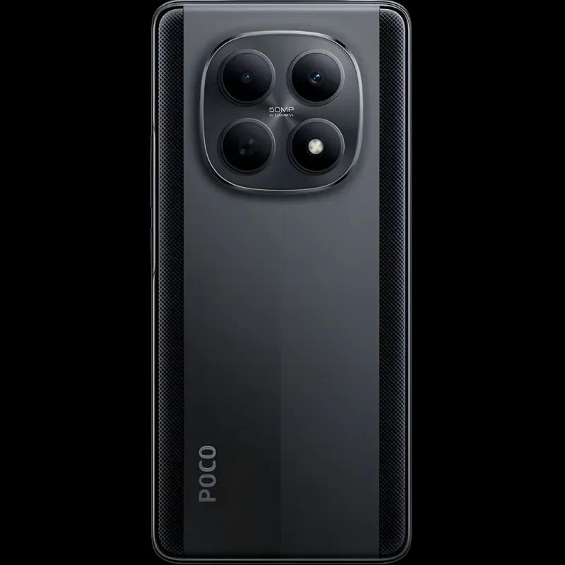 Xiaomi Poco M8 5G negro con módulo de cámara triple grande y flash, acabado mate con franjas laterales texturizadas, logo POCO vertical en la parte trasera