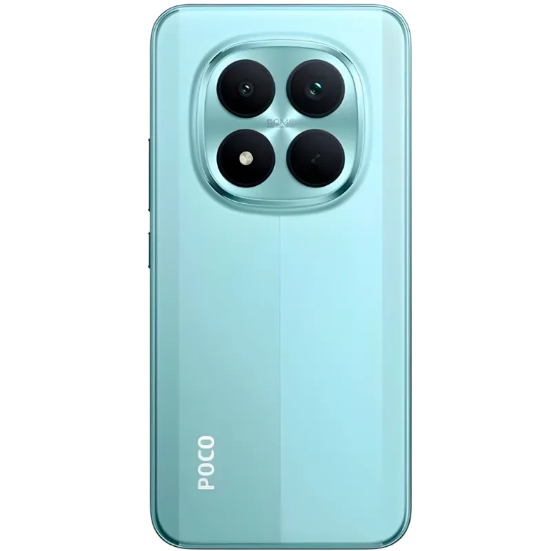 Xiaomi Poco M8 5G verde con módulo de cámara trasera cuadrado y cuatro lentes, acabado brillante y logo POCO vertical en la parte inferior