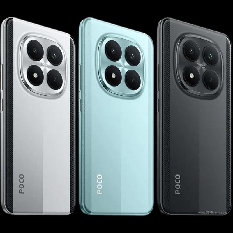 Smartphone Xiaomi Poco M8 5G argent, écran Flow AMOLED 6,77 pouces 120 Hz, triple module photo circulaire, bords plats, finitions argent, bleu et noir