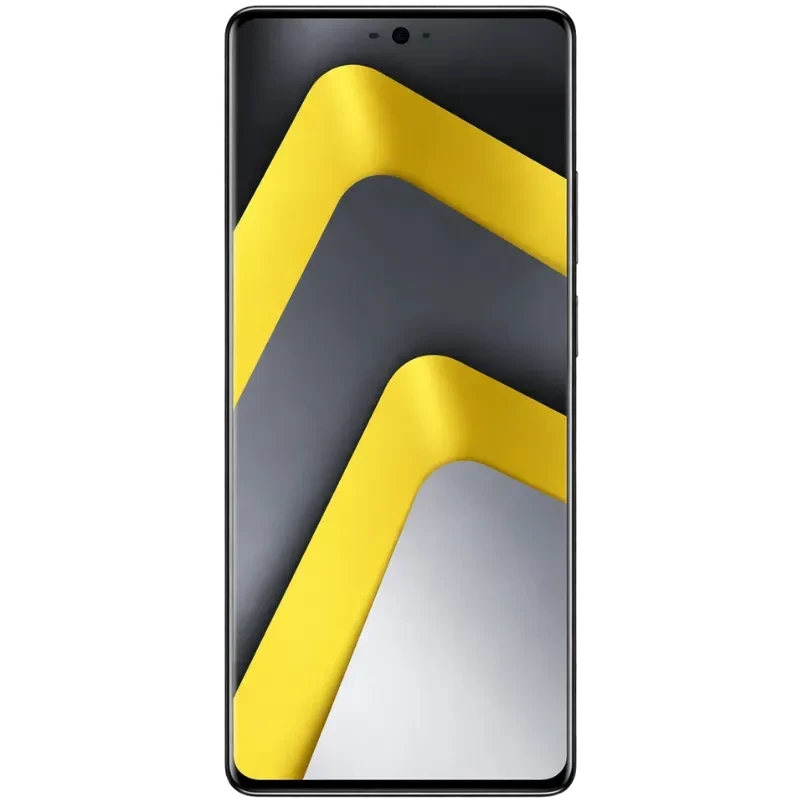 Xiaomi Poco M8 Pro 5G plateado con pantalla sin bordes, cámara frontal en orificio central y diseño de franjas diagonales amarilla y gris en el display