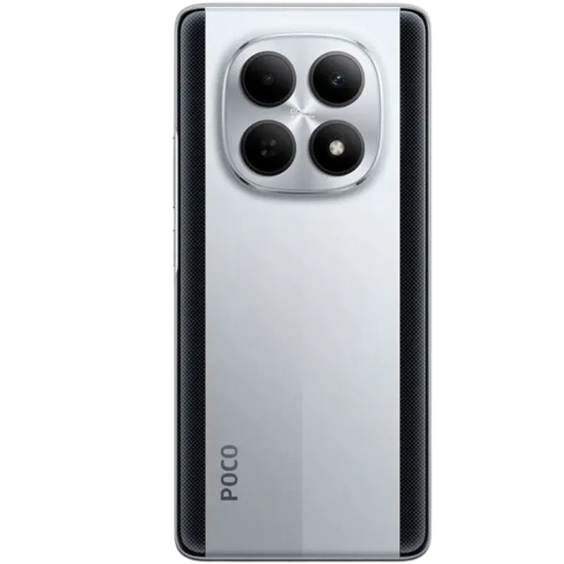 Xiaomi Poco M8 Pro 5G plata con módulo trasero de triple cámara grande, acabado metálico y franjas laterales texturizadas; diseño moderno y elegante