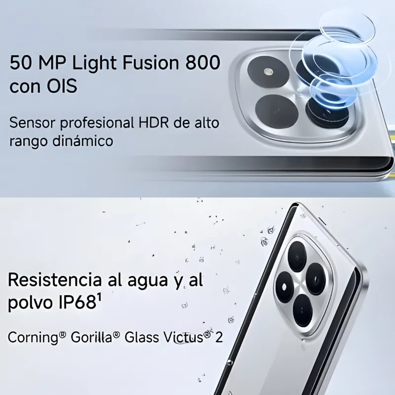 Xiaomi Poco M8 Pro 5G negro con triple cámara trasera 50 MP Light Fusion 800 con OIS, módulo metálico brillante, resistencia IP68 y vidrio Gorilla Glass