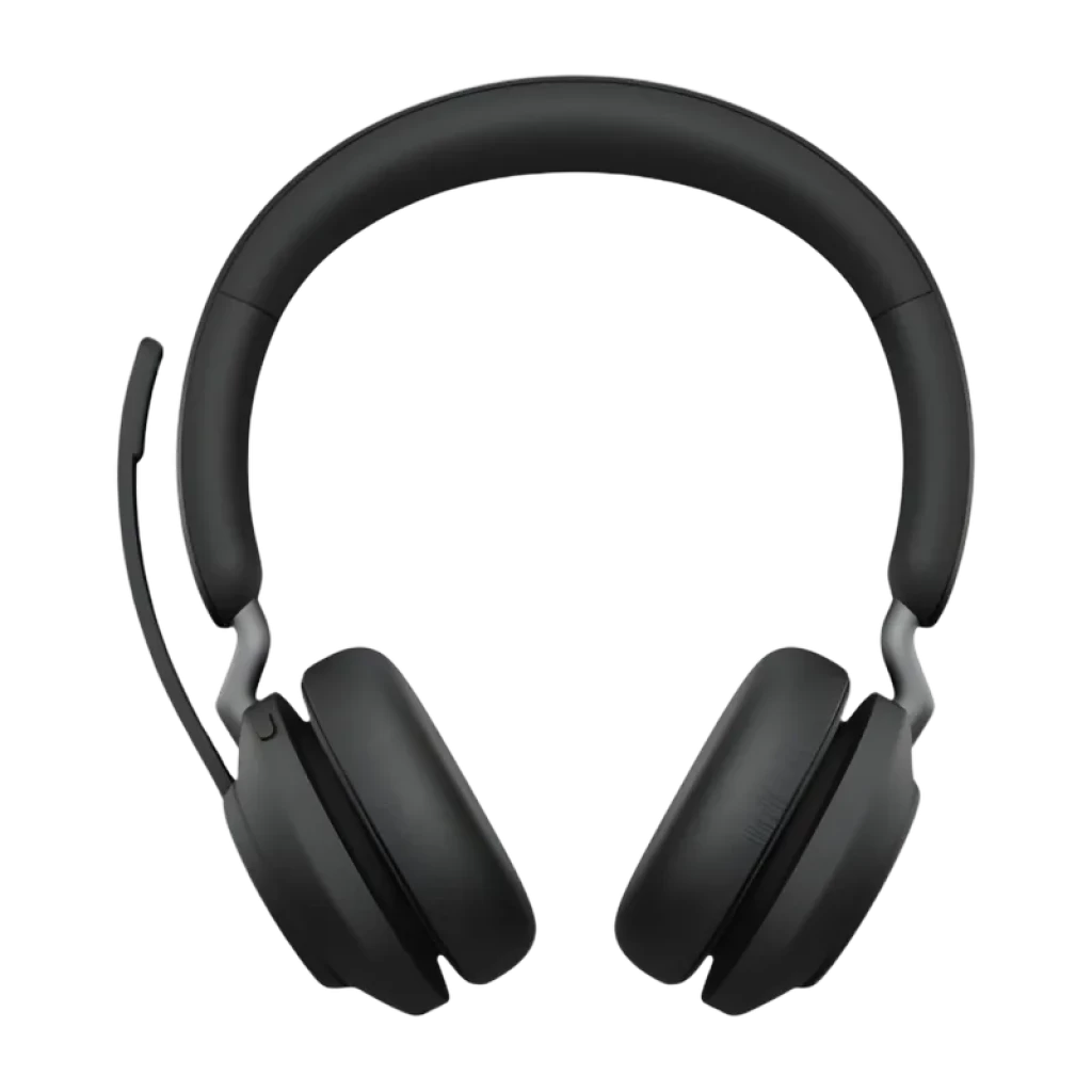 Auriculares Jabra Evolve2 65 Stereo MS negros con diadema acolchada, copas cerradas y micrófono abatible en el auricular izquierdo