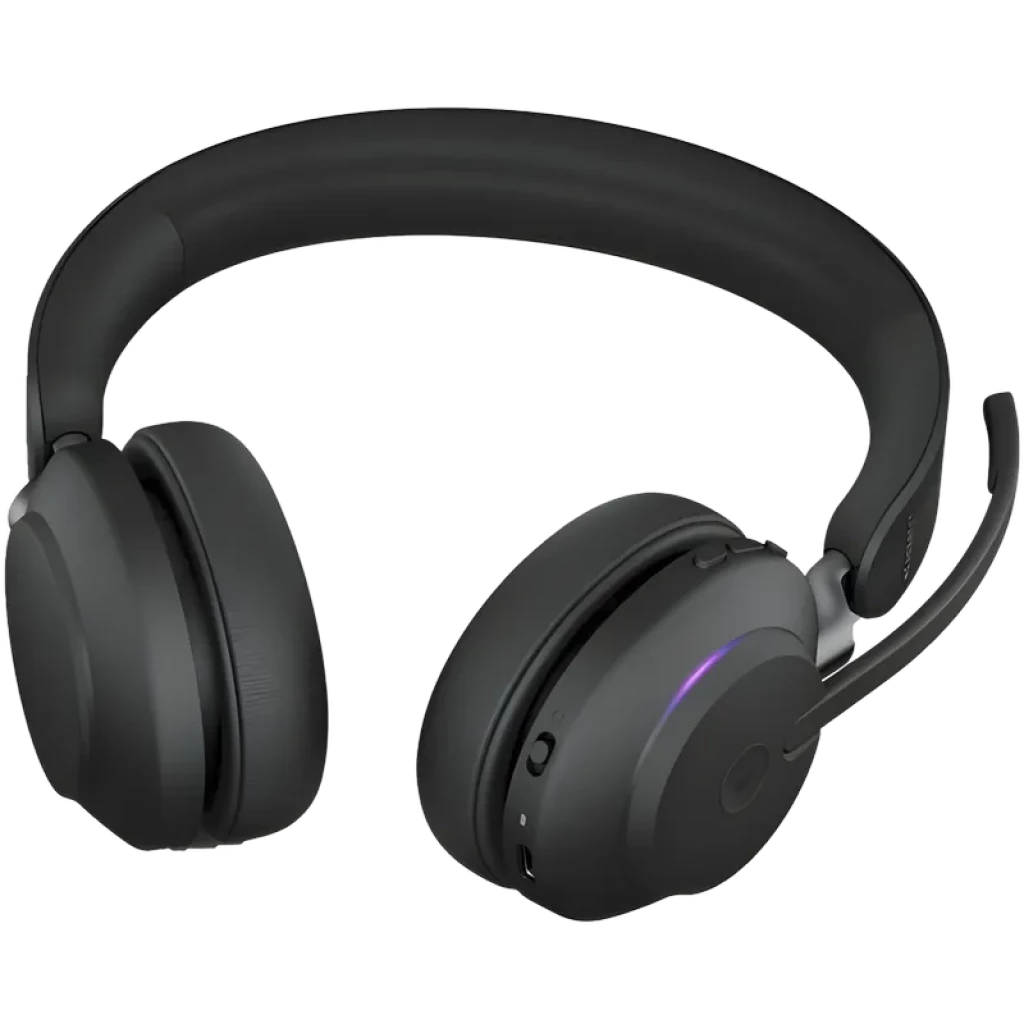 Auriculares Jabra Evolve2 65 Stereo MS en negro con diadema acolchada, copa cerrada, micrófono abatible con luz LED y controles laterales