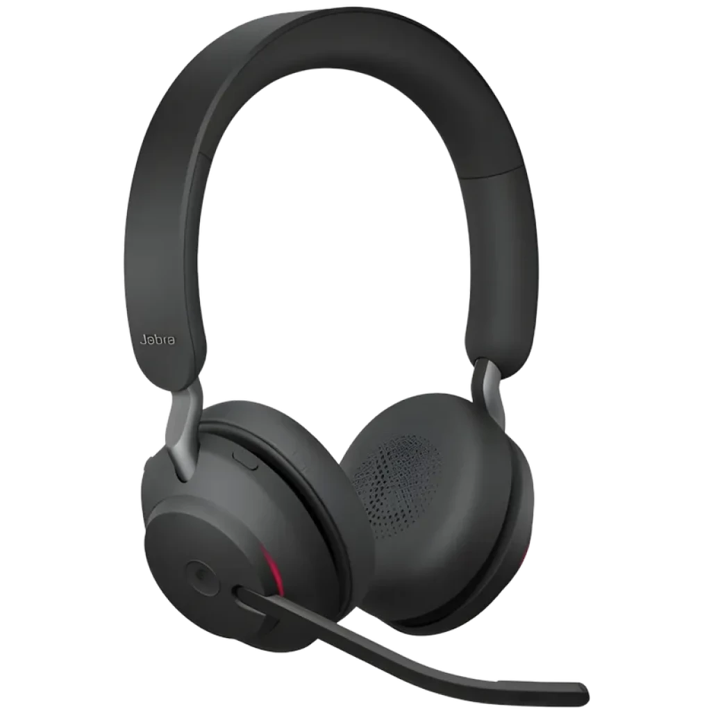 Auriculares Jabra Evolve2 65 Stereo negros con diadema acolchada, micrófono abatible, almohadillas circumaurales y luces LED en copas