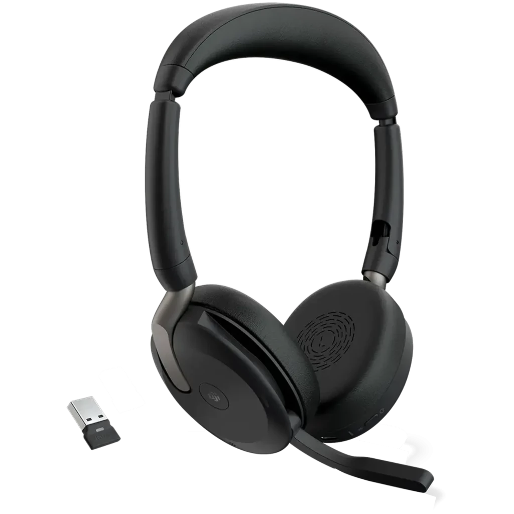 Auriculares Jabra Evolve2 65 Flex estéreos plegables en negro con micrófono, almohadillas acolchadas, base de carga y dongle USB-A UC