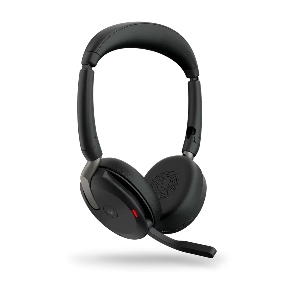 Jabra Evolve2 65 Flex USB-A UC Estéreo + Base de Carga auriculares plegables negros con diadema acolchada, micrófono abatible y luz LED en copa