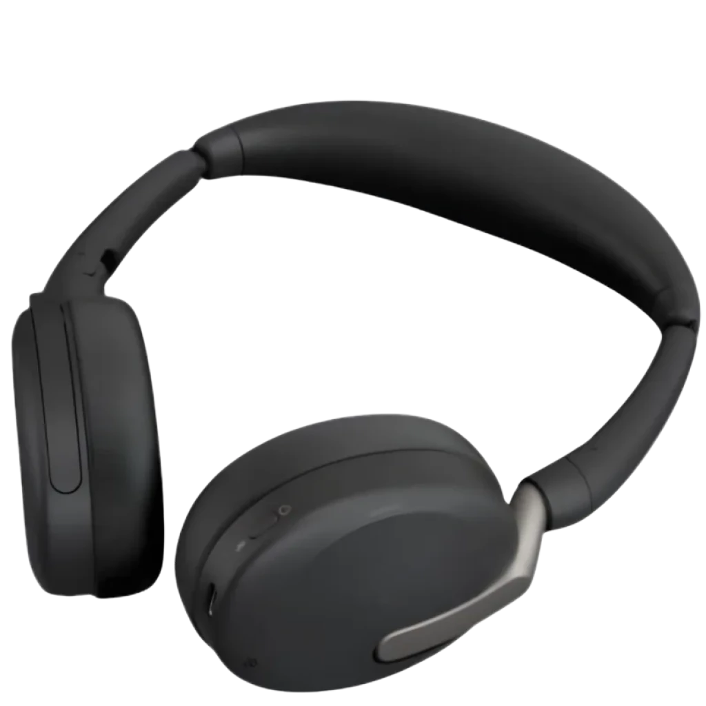 Auriculares de diadema negros con cascos ovalados, diadema acolchada y micrófono integrado discreto; diseño plegable, acabado mate, estilo UC estéreo ANC