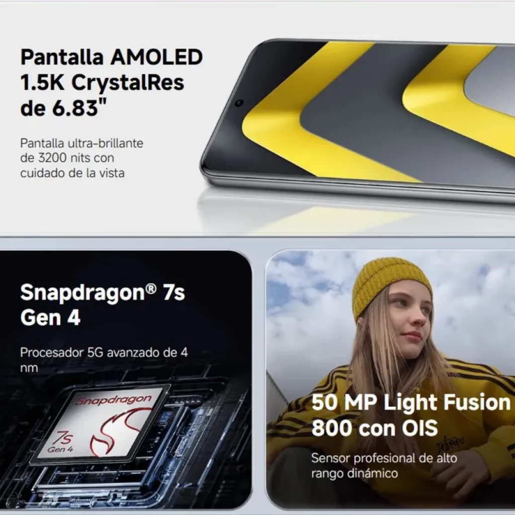 Xiaomi Poco M8 Pro 5G plata con pantalla AMOLED 6.83 CrystalRes 1.5K, 120 Hz, brillo 3200 nits, cámara 50 MP con OIS, 8GB RAM, 256GB y carga rápida 100W
