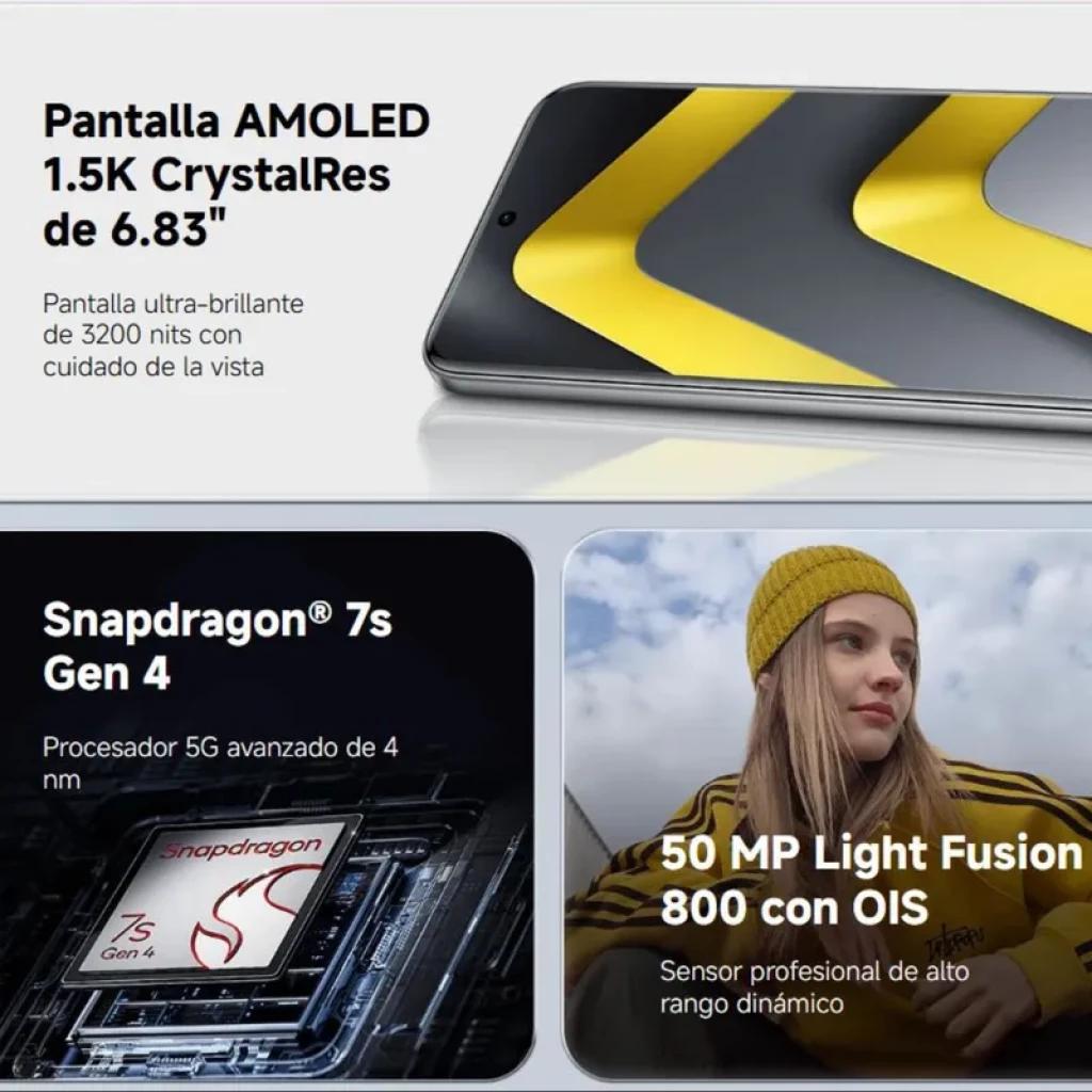 Xiaomi Poco M8 Pro 5G plata con pantalla AMOLED 6.83 CrystalRes 1.5K, 120 Hz, brillo 3200 nits, cámara 50 MP con OIS, 8GB RAM, 256GB y carga rápida 100W